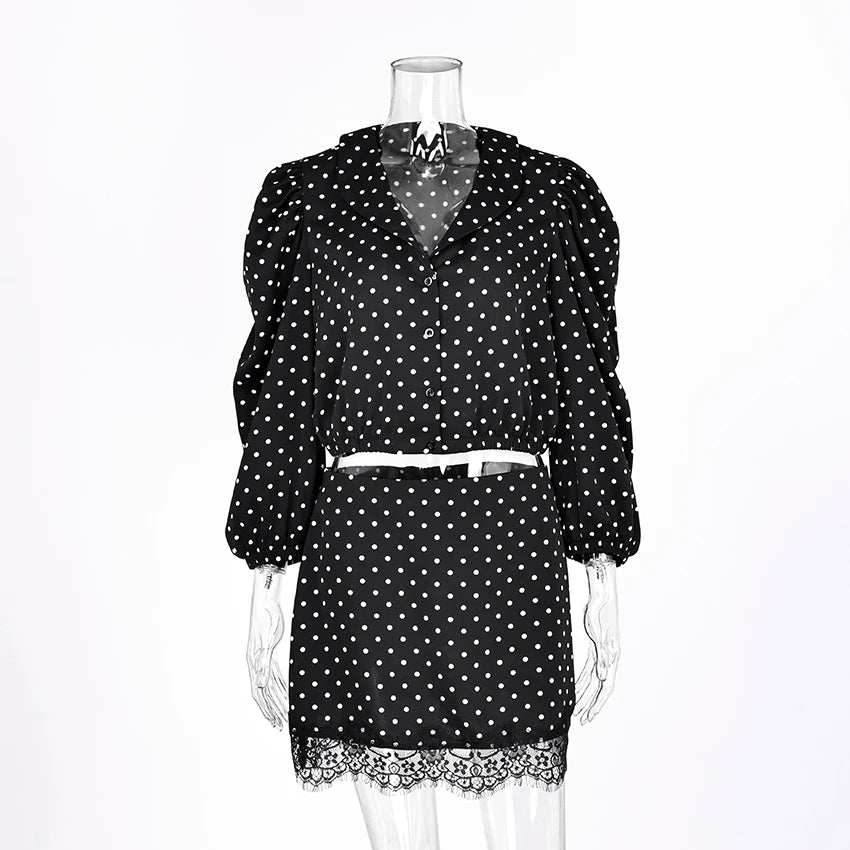 "Camille" Polka Dot Puff-Sleeve Blouse & Lace Mini Skirt Set