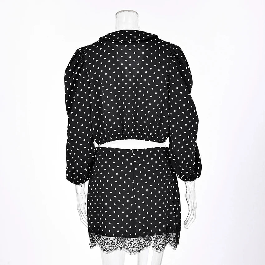"Camille" Polka Dot Puff-Sleeve Blouse & Lace Mini Skirt Set